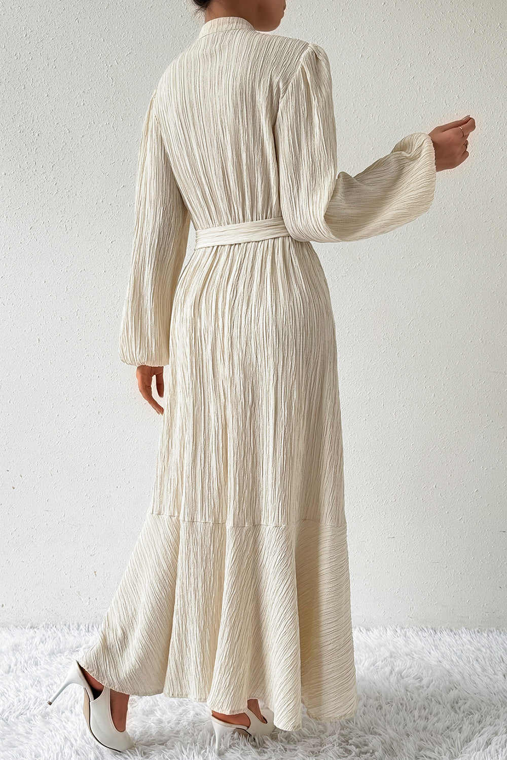 Tied Button Up Balloon Sleeve Dress - store name